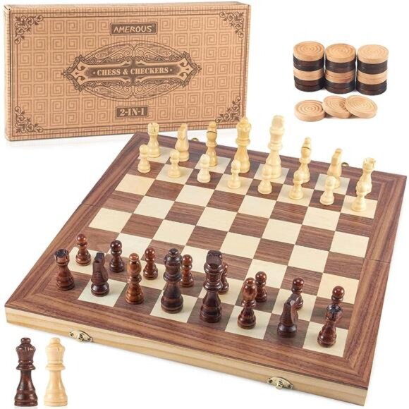 Wooden Chess & Checkers Set, Board Games -2 Extra Queens -24 Cherkers Pieces - Picture 1 of 16